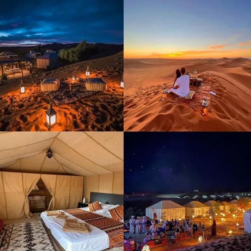 Camel trek at sunset across Erg Chebbi dunes in Merzouga Morocco
