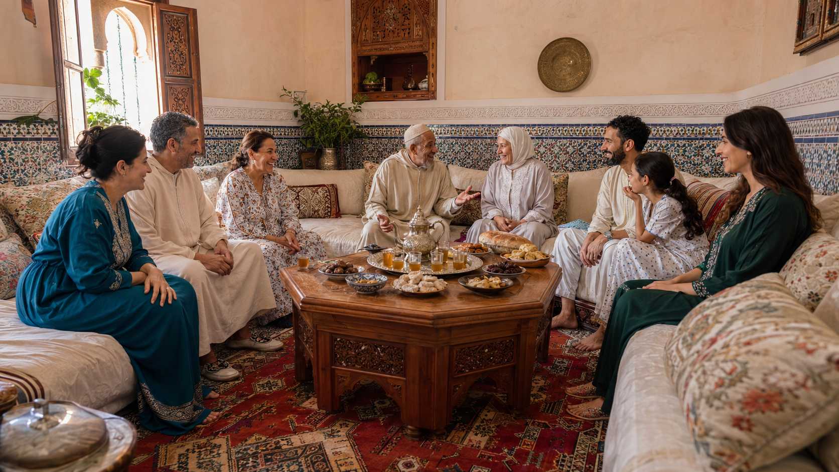 The Moroccan Salon: A Space Designed for Guests
Many Moroccan homes contain a salon specifically arranged for receiving visitors.
The room often has long cushioned seats positioned along the walls. A central table provides space for tea, pastries, bread, and shared meals. Decorative carpets, embroidered cushions, carved wood, plasterwork, or colorful zellige tiles may complete the setting.
The Moroccan salon reflects the social importance of gathering.
Its arrangement allows family members and guests to sit together, see one another, and participate in the same conversation. Rather than separating people into individual spaces, the room encourages connection.
During celebrations or large family visits, the salon can quickly fill with conversation, laughter, children, and trays of food.
